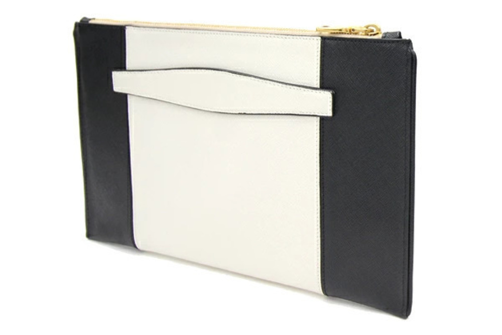 Prada off black tone clutch two white leather triangular bag Black White
